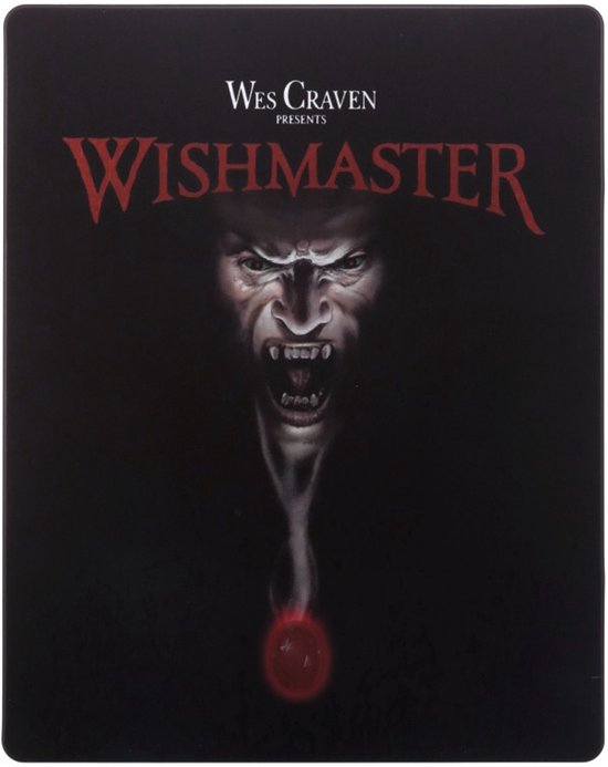 Voorzijde Steelbook editie Wishmaster met demonengezicht en rode gloed.