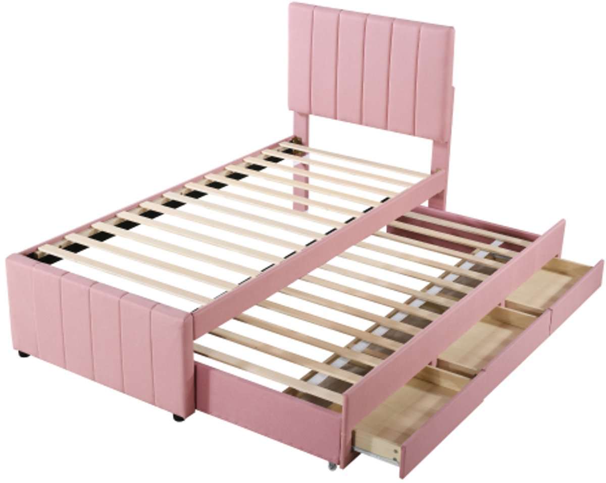 Gotagee Gestoffeerd bed 90 x 200 cm met uitschuifbed en opberglades, linnen bekleding, vlak eenpersoonsbed, kinderbed, jeugdbed, logeerbed (roze)