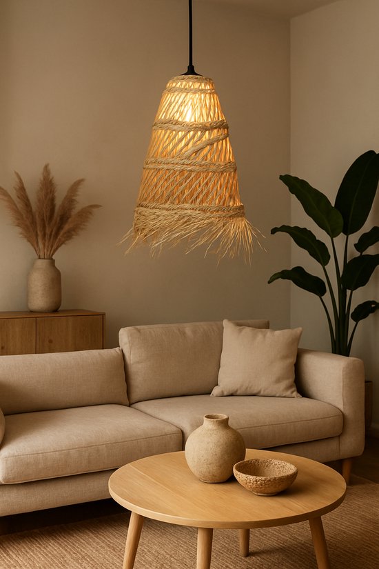 Atmosphera Hanglamp Lahys - E27, niet inbegrepen - Ø28xH48cm - Naturel met zwarte ophanging