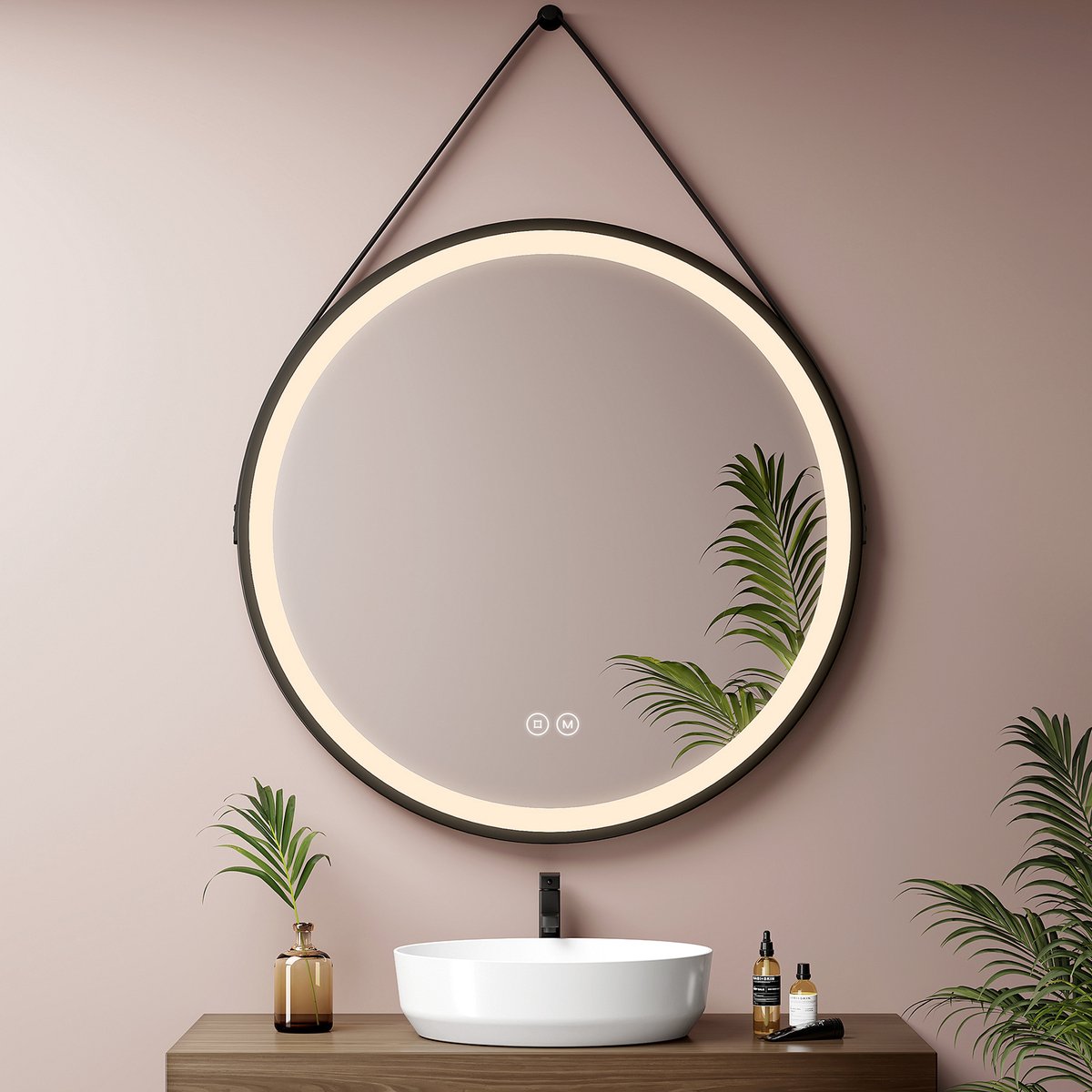 EMKE LED Wandspiegel met Ophangriem - OLM04 - Dimbaare Verlichting met 3 Lichtkleuren - 80CM - IP44 Hangspiegel voor Badkamer Slaapkamer & Hal