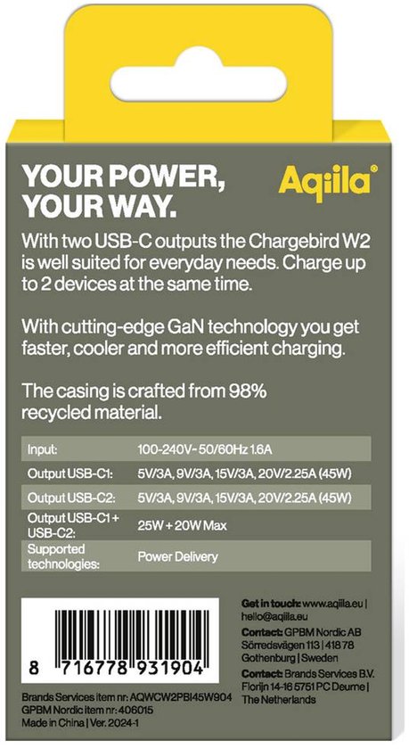 Chargeur USB Aqiila, 45 W, adaptateur USB-C, chargeur rapide GaN, Power PD , 2x USB-C, 100-240 V, Chargebird W2 Wit