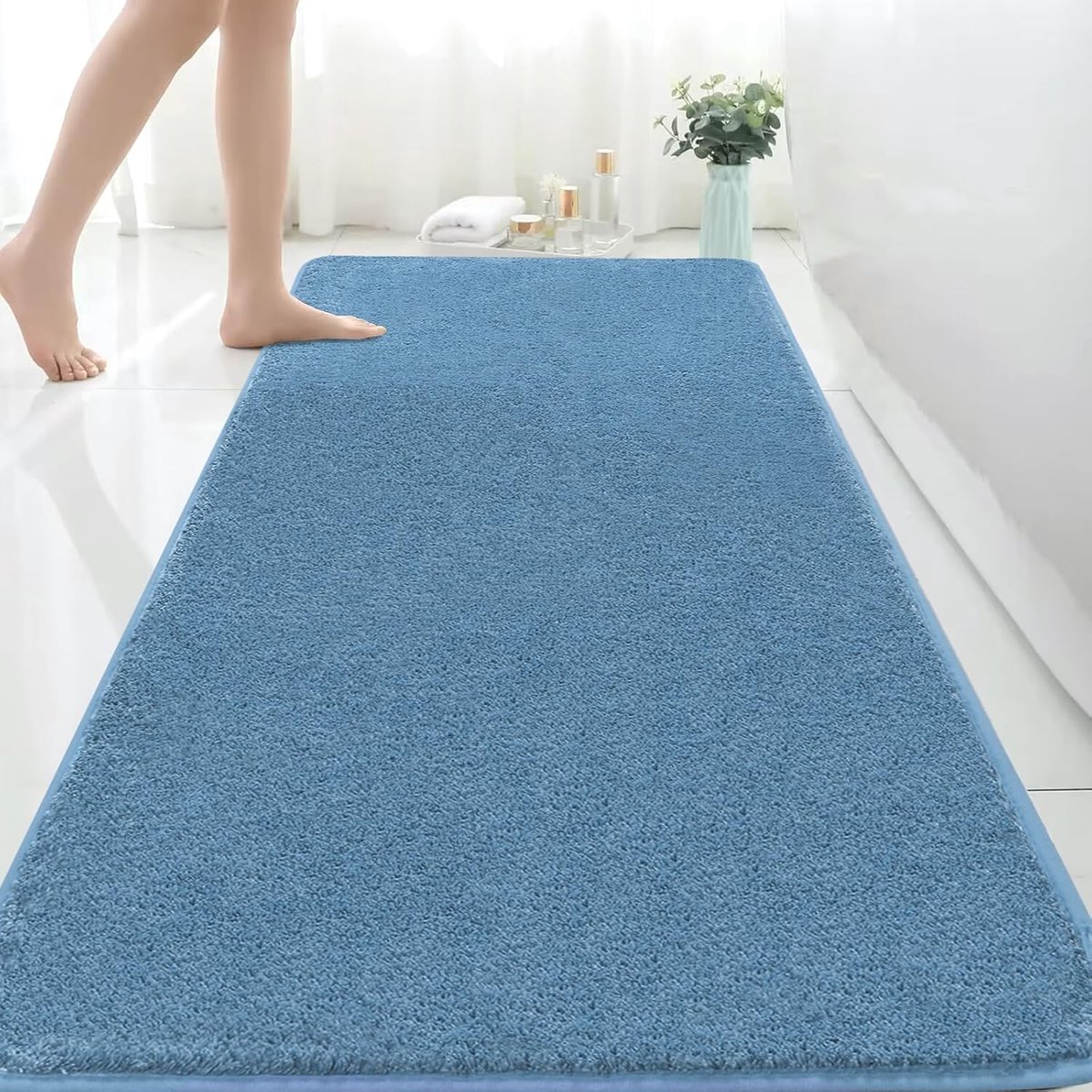 Famanu - Extra grote badmat 150 x 60 cm microvezel badmatten voor badkamer absorberend badkamertapijt antislip anti-schimmel badkamermat, machinewasbare tapijten voor slaapkamer badkamer, Blauw badmat