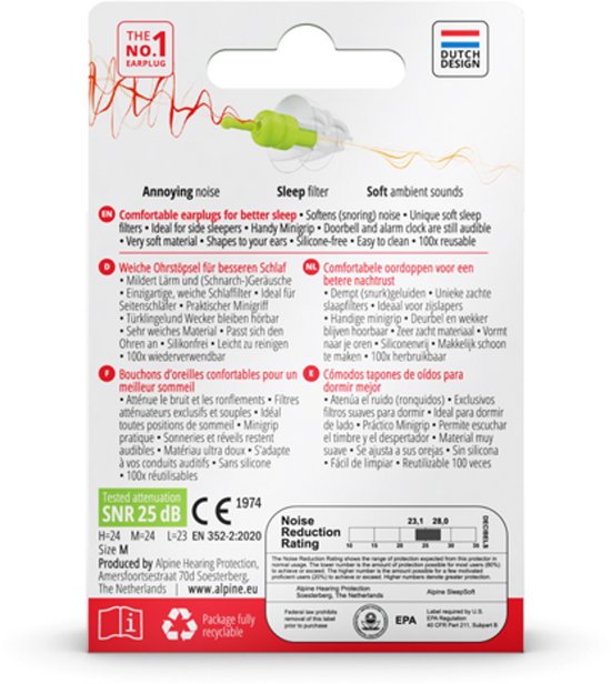 Achterkant van de verpakking van Alpine SleepSoft oordoppen met informatie over eigenschappen zoals 'Annoying noise', 'Sleep filter', 'soft ambient sounds', en technische specificaties zoals 'Tested attenuation SNR 25 dB'.