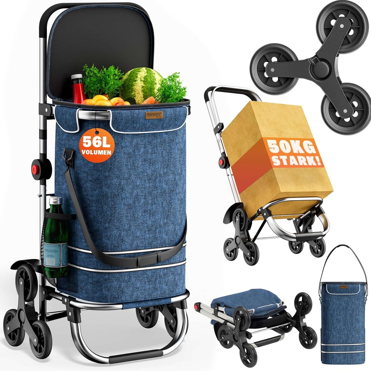 Inklapbare 2-in-1 Boodschappentrolley met 6 Wielen voor 50 kg - Traphulp en Boodschappenhulp