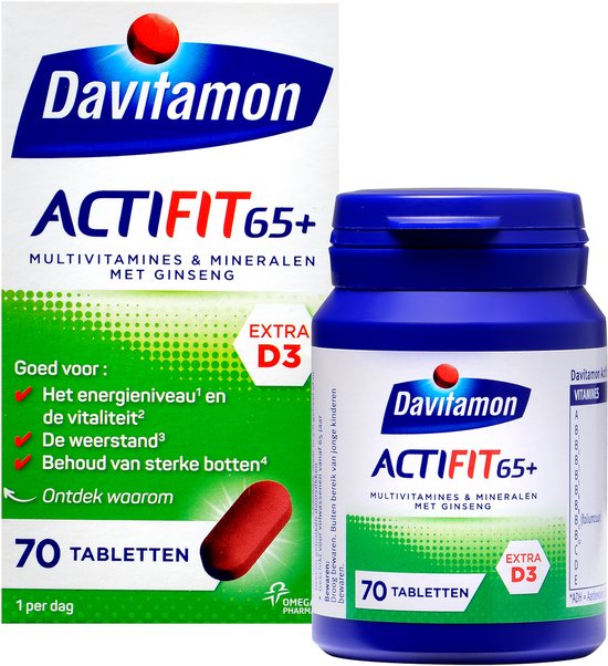 Davitamon ACTIFIT 65+: verpakking en pot met 70 tabletten, multivitaminen & mineralen met ginseng, met EXTRA D3.
