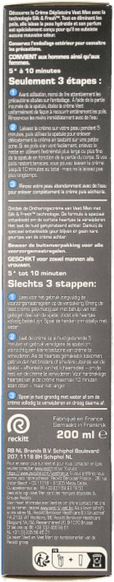 Achterkant van de Veet Men ontharingscrème doos. Tekst in het Frans en Nederlands, met gebruiksaanwijzingen.