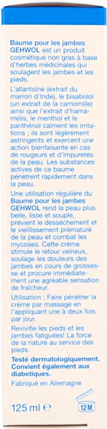 GEHWOL Been-Balsem verpakking met uitgebreide productinformatie en de tekst "Fabriqué en Allemagne."