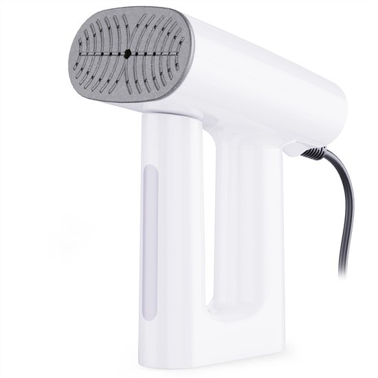 Witte handkledingstomer met gestructureerde zilveren stoomkop en een transparant waterreservoir.