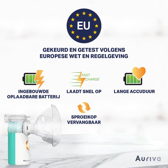 Auriva vernevelaar, goedgekeurd volgens Europese regelgeving. Met icoontjes voor ingebouwde batterij, snelladen en lange accuduur.