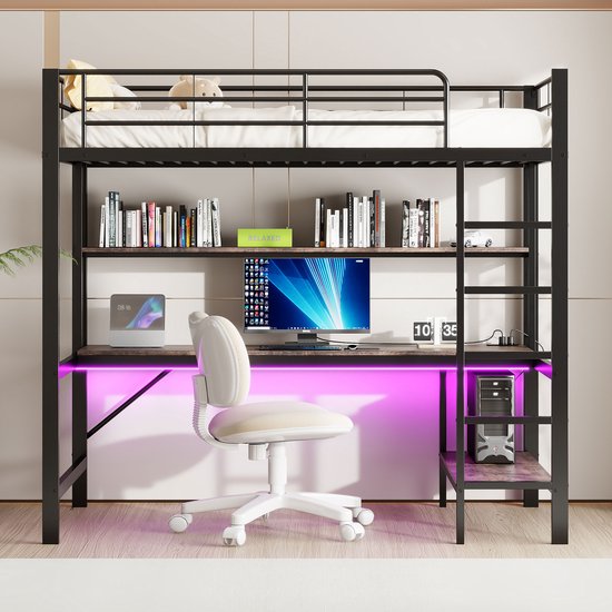 Hoogslaper - 90x200 cm - trapladder - met USB en stopcontact - met LED-verlichting - bureau - zonder matras - zwart