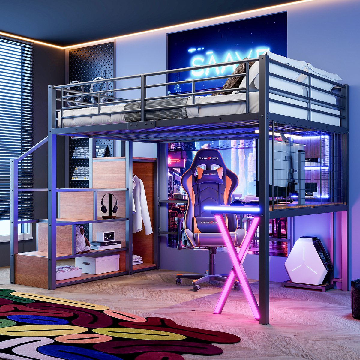 Merax Hoogslaper - 140x200cm - met LED-verlichting - opbergladder - bureau - kledingkast - planken - zonder matras - zwart