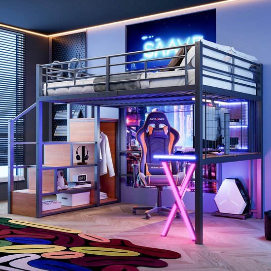 Hoogslaper – 140x200cm – met LED-verlichting – opbergladder – bureau – kledingkast – planken – zonder matras – zwart