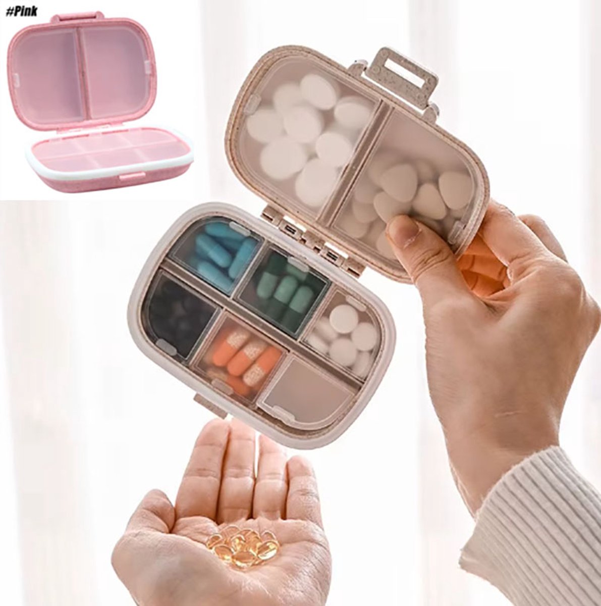 Actie4you® - Pillendoosje - Pillendoos - Medicijnendoosje - 8 vakken - Verzegeld – Roze