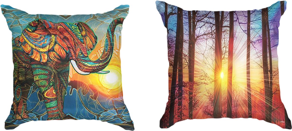 Ulticool  - Kussenhoes - Olifant Zon Boho Bohemian Zonsondergang - Set van 2 stuks - Sierkussens 45x45 cm - Sierkussenhoes Accessoires - Kussentjes Bank voor Decoratie Woonkamer Slaapkamer Jeugdkamer Kinderkamer Babykamer - Oranje Paars Blauw Geel