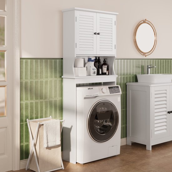 Bealife AP03 Wasmachinekast voor Wasmachine en Droger - Hoge Badkamerkast met Deuren - Toiletplank - Wit