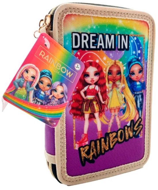 FCP Pennenetui voor school, Rainbow High Violet, 3 etages, met ritssluiting, inclusief pailletten en gekleurde pen, Meerkleurig., standard, etui