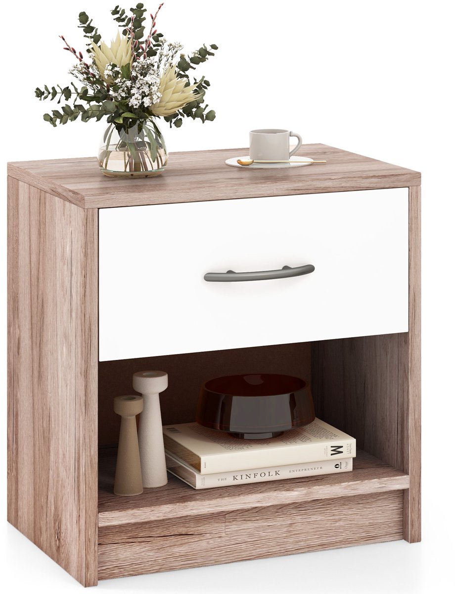 Costway Nachtkastje met lade, kleine bijzettafel met open vak, banktafel, nachtkastje, nachtkastje voor slaapkamer, woonkamer, 38,5 x 28 x 40,5 cm (eiken + wit)