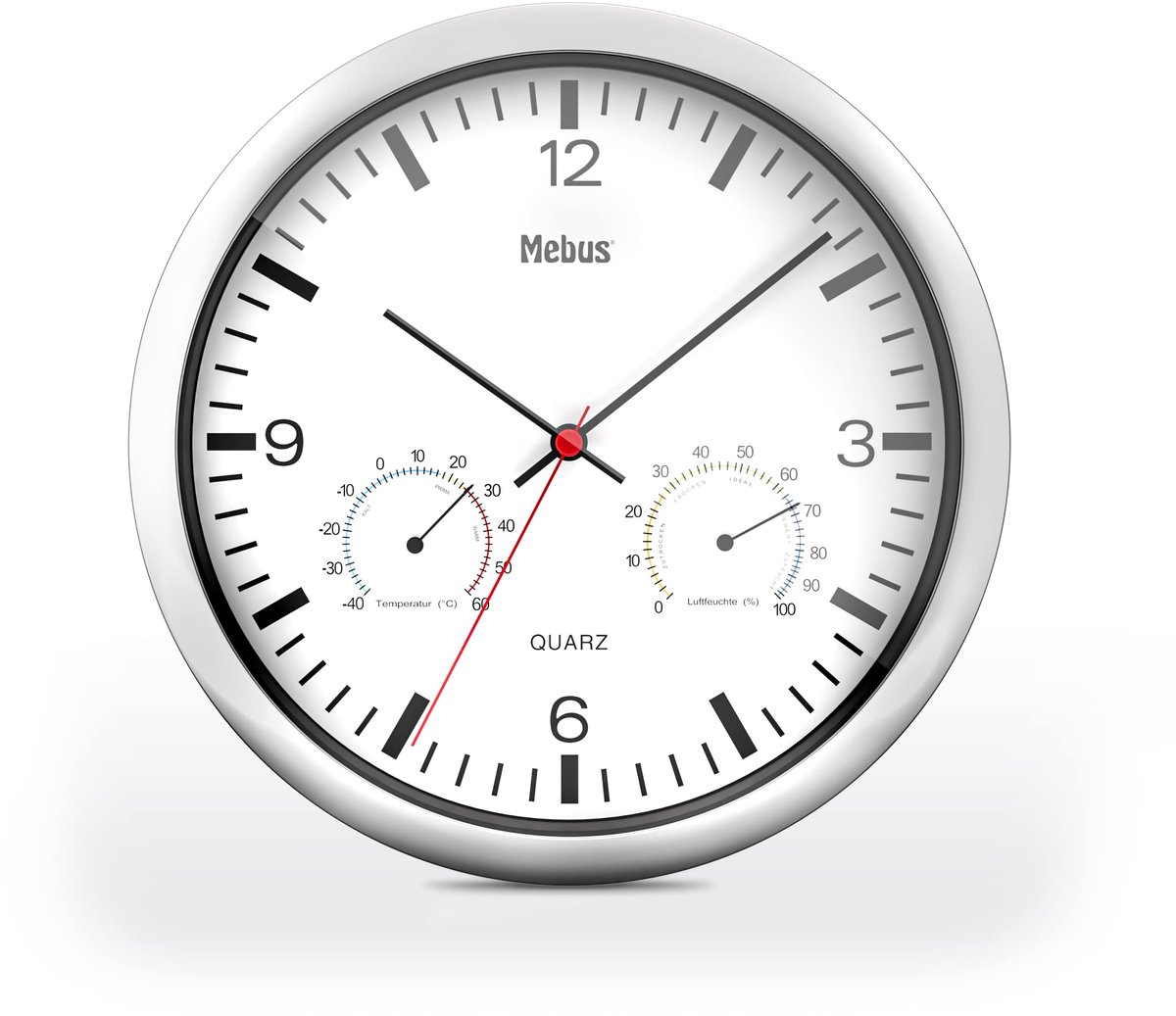 Mebus quartz wandklok met thermometer en hygrometer/zilveren frame/witte wijzerplaat/25cm diameter/rond/Model: 56730 / Kleur: zilver, wit