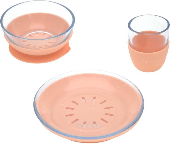 LÄSSIG Kinderserviesset glas (beker schotel bord) robuust met siliconen