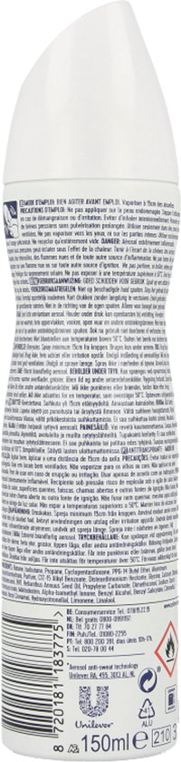 Achterkant van witte Rexona deodorant bus met productinformatie.