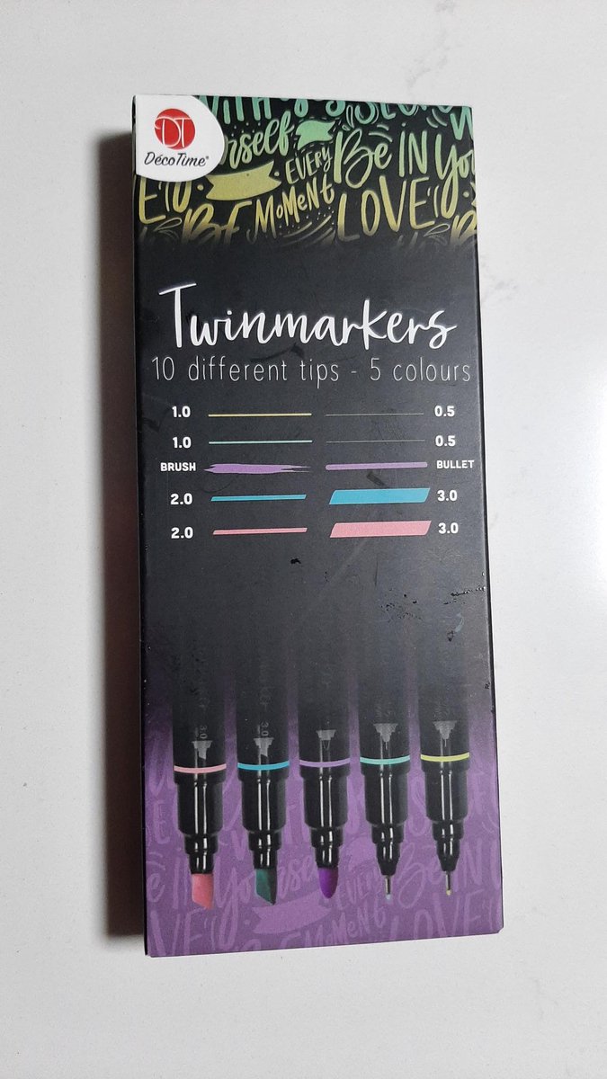 Decotime - 5 twinmarkers kalligrafie - mixed colours - 10 tips - groottes - 5 kleuren - 0,5 - 3,0mm punt - pastel oranje blauw paars groen geel