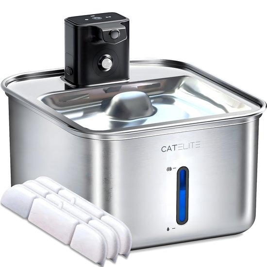 CatElite® - Draadloze Drinkfontein Kat RVS - Waterdispenser met Sensor & Accu - Incl. 3 Filters - 2.5L Waterfontein Kat - Kattenfontein - Fluisterstil - Volledig RVS