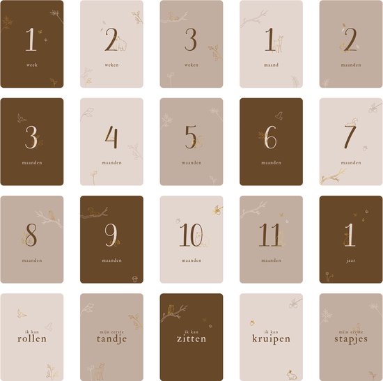 Mijlpaalkaarten Baby met Goudfolie – 20 Luxe (a6) kaarten voor eerste jaar – Unisex – Perfect als kraamcadeau - Bosdieren - Bruin en beige - Babyshower