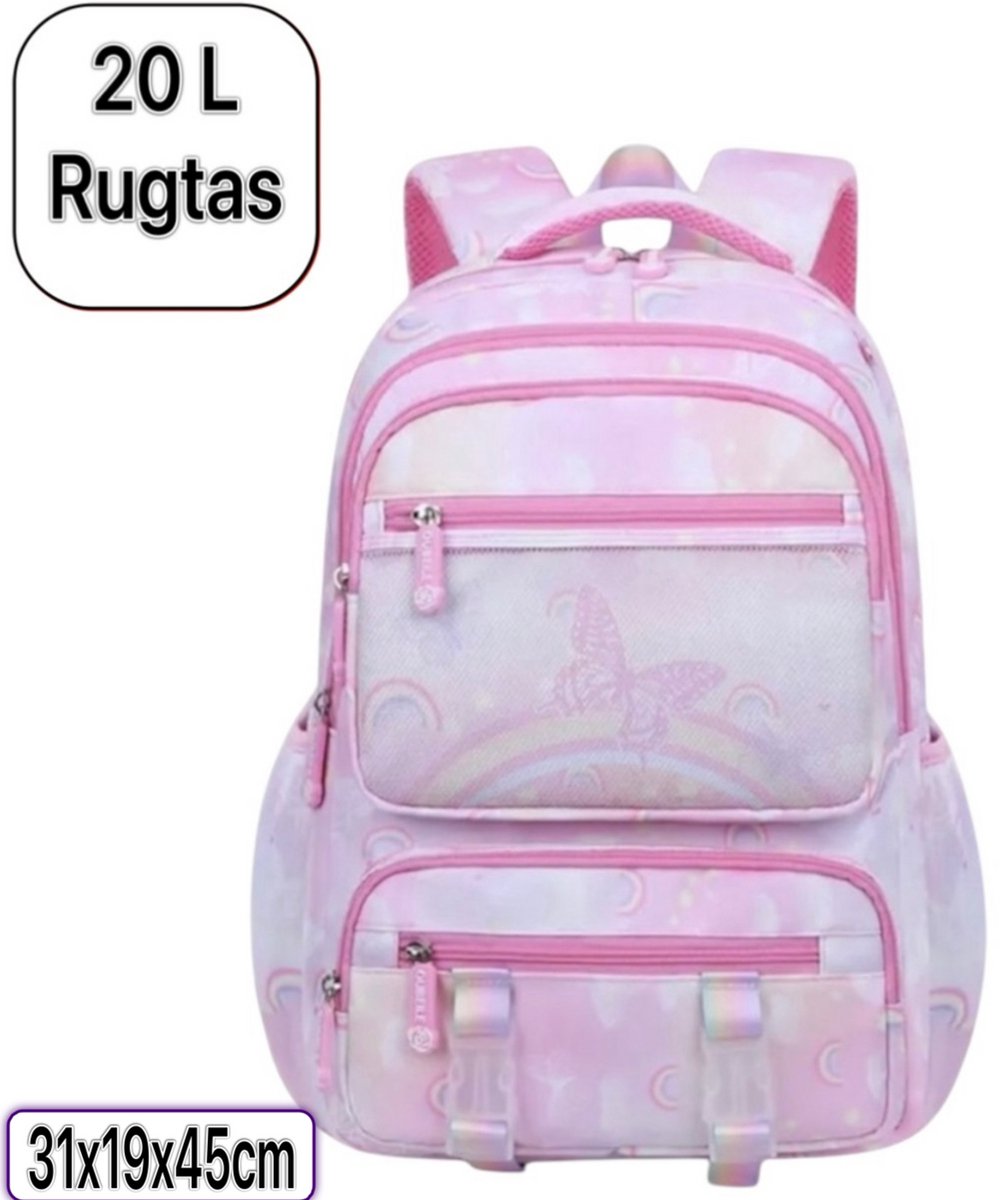 Twenty Two rugtas voor meiden/tieners/kinderen | 15.6 inch laptoptas | schoolrugzak school/brugklas | 7 vakken | Roze/lila vlinder-regenboog print | verstelbare schouderbanden/lichtgewicht | met reflecterende strepen | waterproof |20L| 31x19x45cm