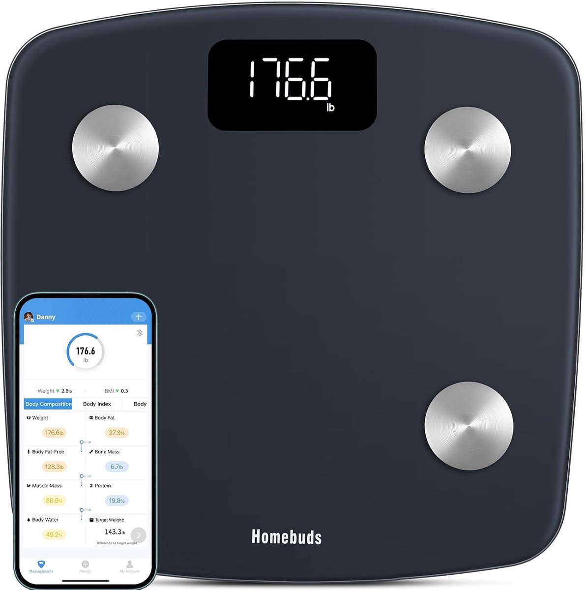 Personenweegschaal met lichaamsvetanalyse - Hoge precisie - App-synchronisatie - 13 lichaamssamenstellingen - 180 kg - Led - Saffierblauw