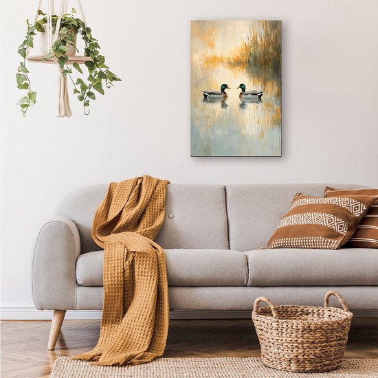 Deux canards sur un étang - Toile de peinture de canards - Peintures animalières - Impressionnisme - Décoration intérieure - Décoration murale de chambre - toile 80x120 cm