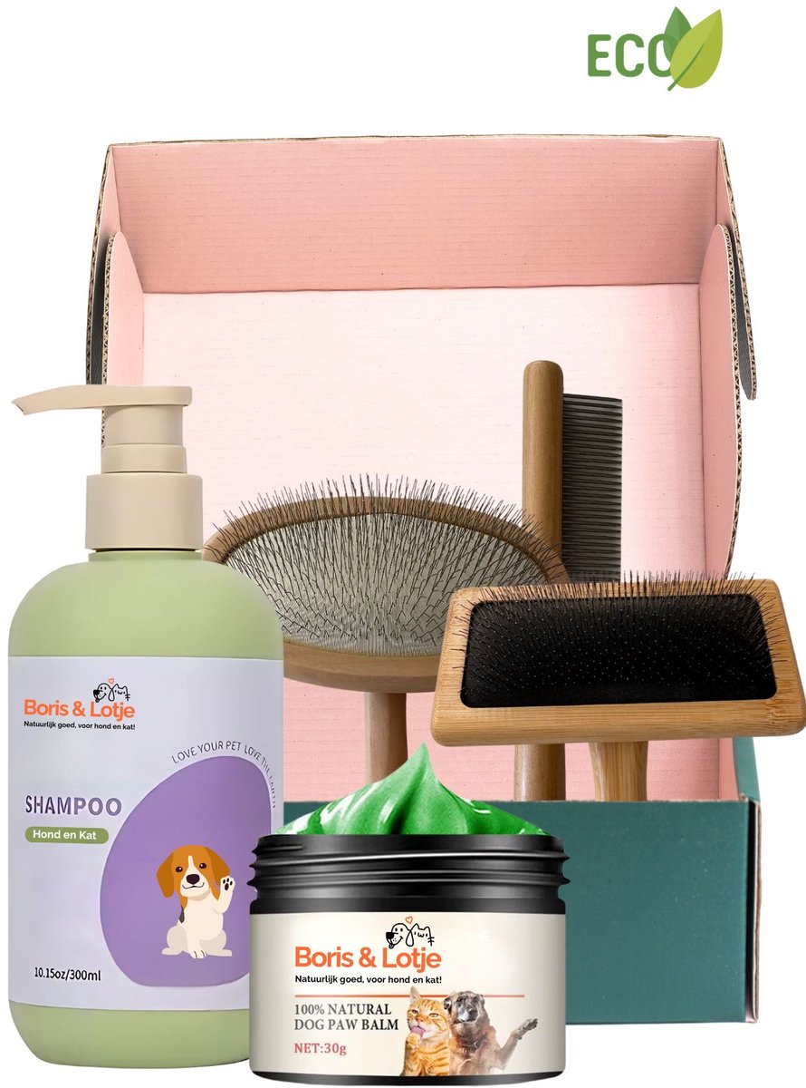 Boris & Lotje Verzorgingspakket - Honden met lange haren - Shampoo - Slickerborstel - Hondenkam - Pootbalsem