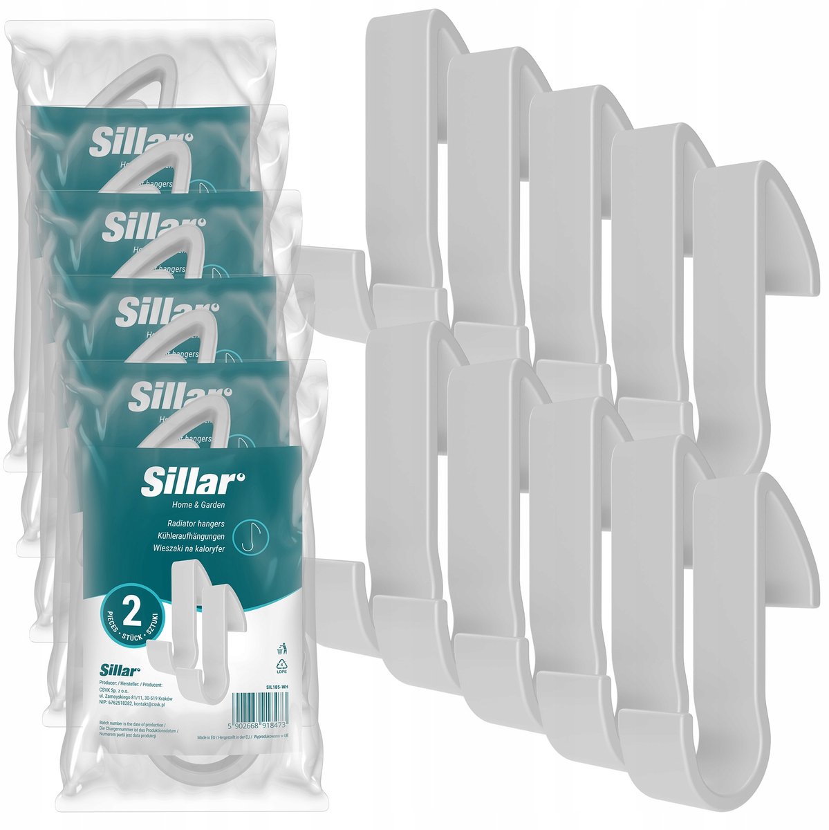 Sillar, Haken, badkamer handgrepen, hangers voor radiator, radiator, kunststof, 95mm, 10 s