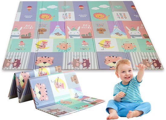 Speelmat - Baby - Slijtvast materiaal op doekbasis-Kinderen - Kruipmat - Speelkleed - Dubbelzijdig - XL - Opvouwbaar - 1.5CM Dik - Foam - Olifant & Aapje - Cijfers & Letters - 180 x 200 x 1.5CM