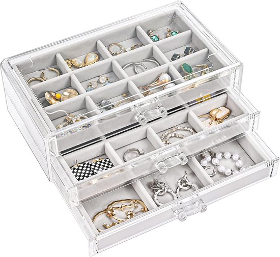 Frebeauty Oorbel Organizer Klassieke Sieraden Doos 50 Slots Dubbellaags Sieraden Opbergkoffer met 6 Ketting Haak en Armband Pocket (Grijs