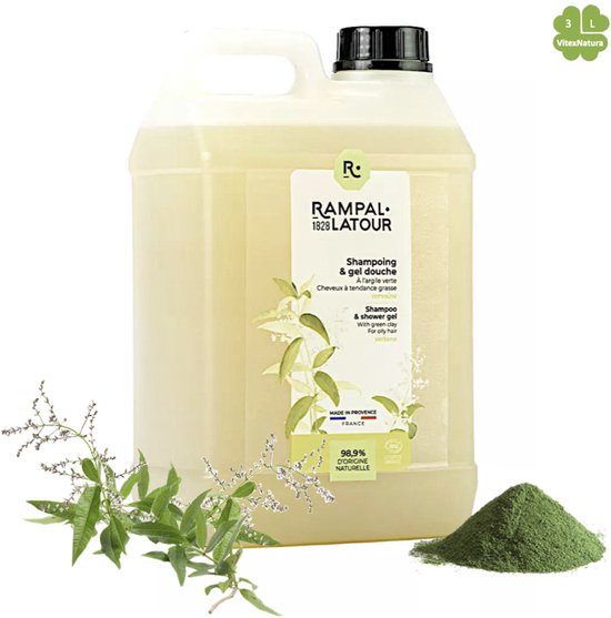 Marseille zeep douche shampoo 3 LITER met biologisch klei en verbena | Rampal Latour | gratis hypoallergeen zeepje