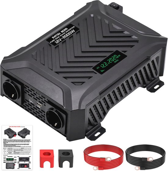 Omvormer 12V naar 230V Zuivere Sinus 2000W met USB en Type-C, Ideaal voor Thuis, Campers en Vrachtwagens
