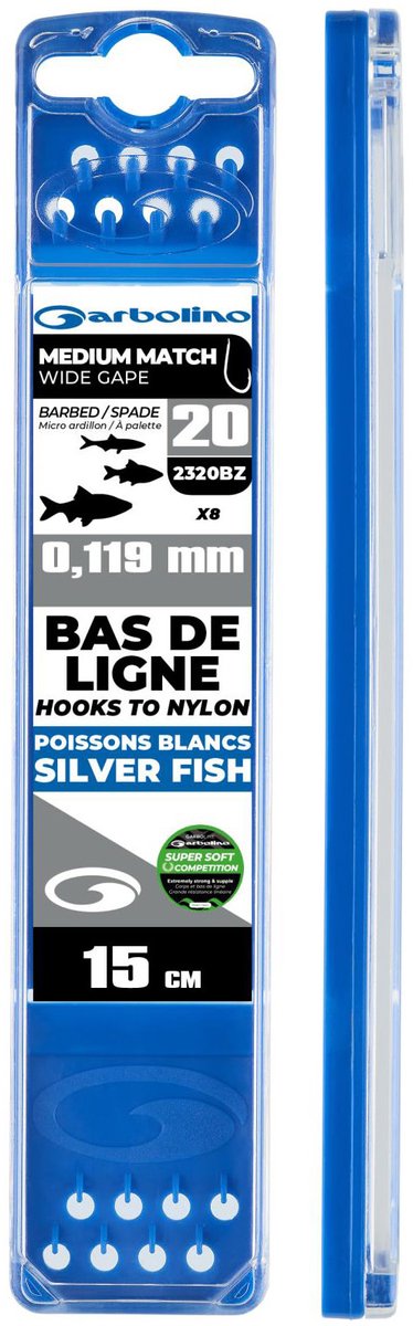 Garbolino Hooks to Nylon Competition Medium Wide Gape 15cm (8 pcs) - Maat : Haak 20 (2320BZ) - 0.119mm Super Soft