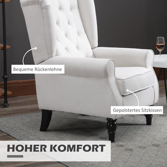 Comfortabele Relaxstoel met Oorfauteuil en Knopen - Crèmekleurig en Stijlvol - 74 x 86 x 102 cm — afbeelding 4