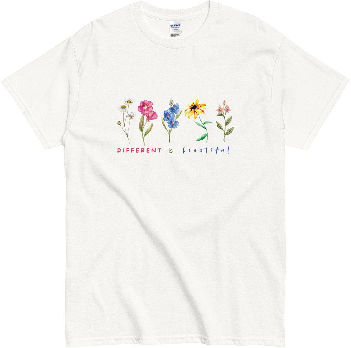 Inspirerend T Shirt Dames en Heren - Wilde Bloemen en Quote: Different is Beautiful - Wit - M
