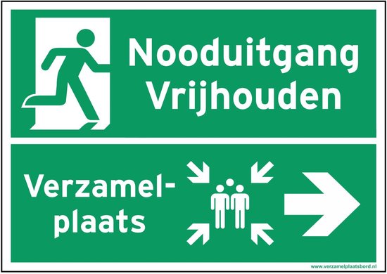 Foto: Nooduitgang vrijhouden verzamelplaats rechts 420x297 mm nalichtend bord