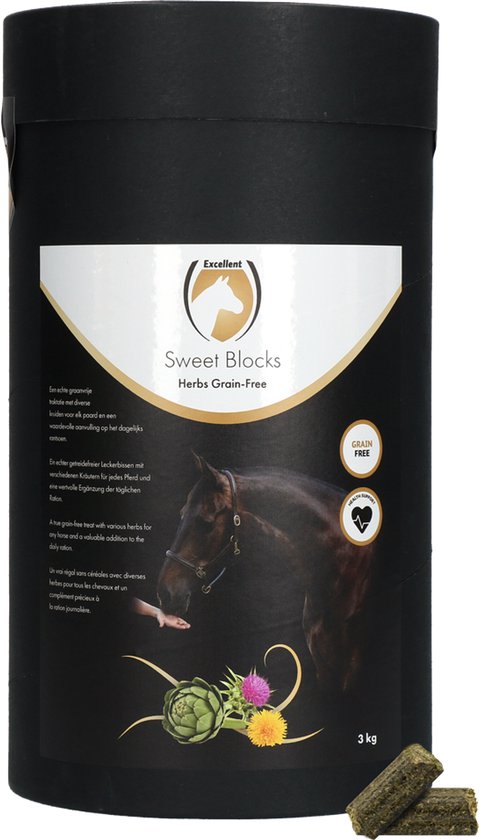 Excellent Horse Sweet Herbs Blocks - Graanvrij - 3 kg - Paardensnoepjes - Paardenverzorging - Paardenvoer - Traktatie Paarden - Kruidenmix Excellent Horse Sweet Herbs Blocks - Graanvrij - 3 kg - Paardensnoepjes - Paardenverzorging - Paardenvoer - Traktatie Paarden - Kruidenmix