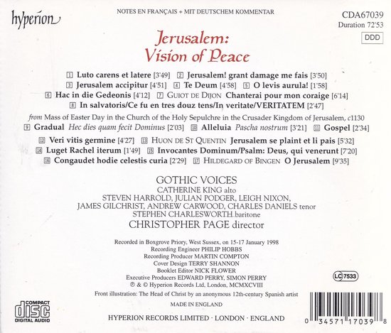 Boekje met tracklist, artiesten en opname-informatie voor Jerusalem: Vision of Peace.