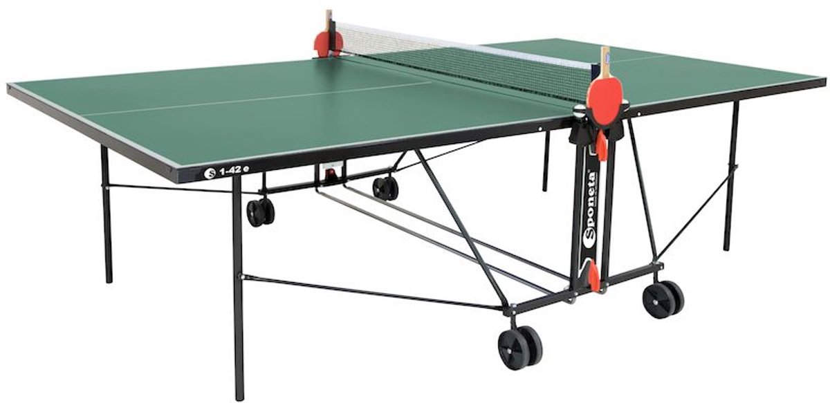 Sponeta S1-42e tafeltennistafel Outdoor Groen-Pingpongtafel voor buiten-Speeltoestel-Inklapbaar-Verrijdbaar-Zelftrainer-Inclusief net en batshouder-4mm dik weersbestendig groen blad-10 jaar garantie- voor beginnende spelers -Made in Germany