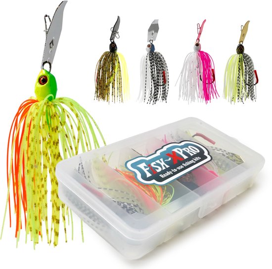 FishXpro Chatterbait Spinnerbait Set 5pcs - 80mm - 10gr - Leurres - 5 pièces incl. Boîte de pêche