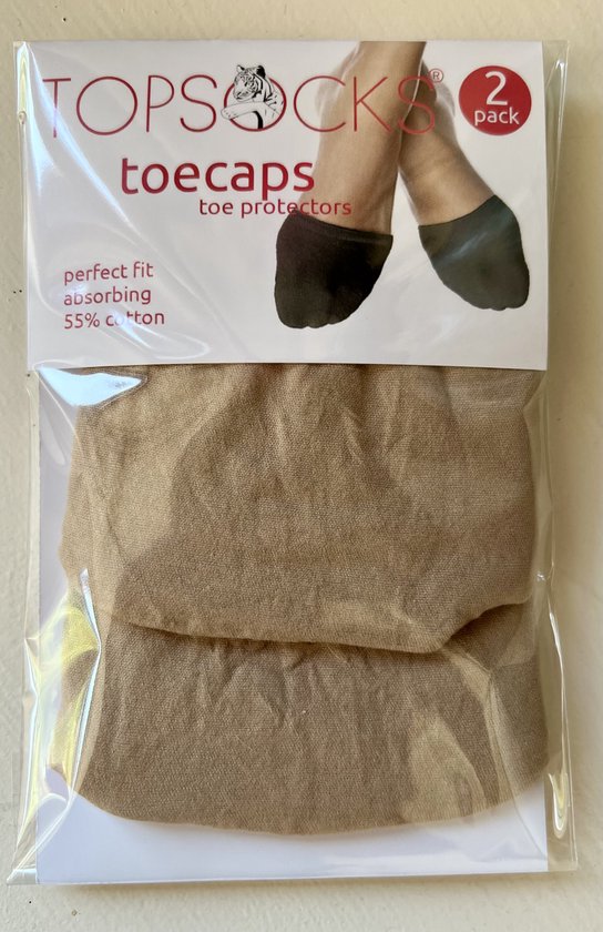 Verpakking met 2 paar Topsocks teencaps, nude kleur sokjes die perfect passen en absorberen. Gemaakt van 55% katoen.
