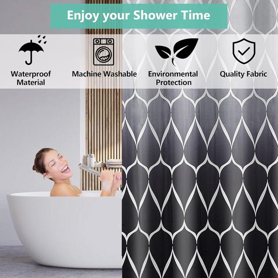 Rideau de douche - rideau de douche de salle de bain moderne - rideau de douche en polyester - accessoires de rideau de douche - tissu imperméable - lavable en machine - noir gris - 180*180 cm