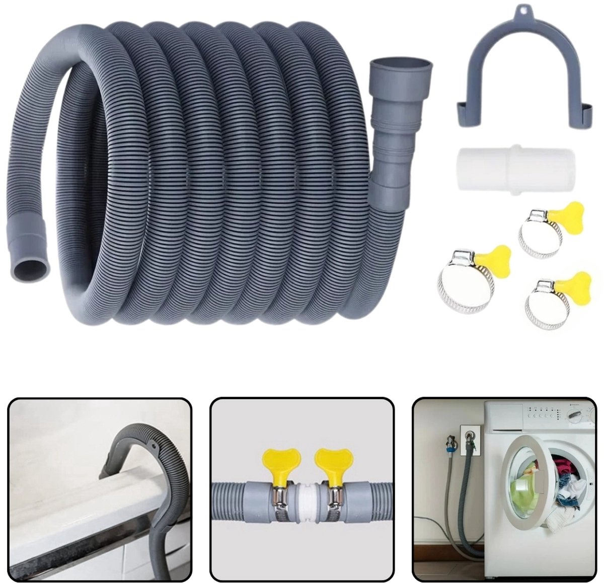 Rallonge De Desagüe De 3 Metros Para Lavadora Y Lavavajillas - Kit Completo Con Conectores Y Abrazaderas, Fácil Instalación