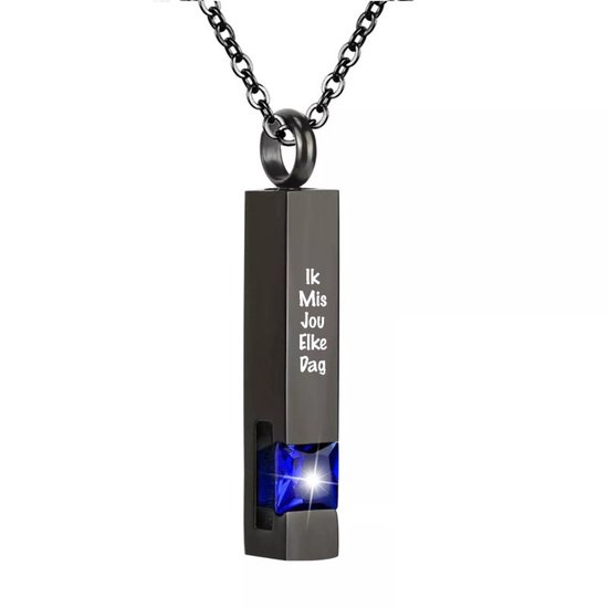 Pendentif en frêne de Luxe | Avec chaîne et gravure | Tu me manques tous les jours | Bijoux en frêne | Zwart avec pierre bleue | En tant que chaîne | Bijoux commémoratifs | Urne | Incl. Comme remplissage