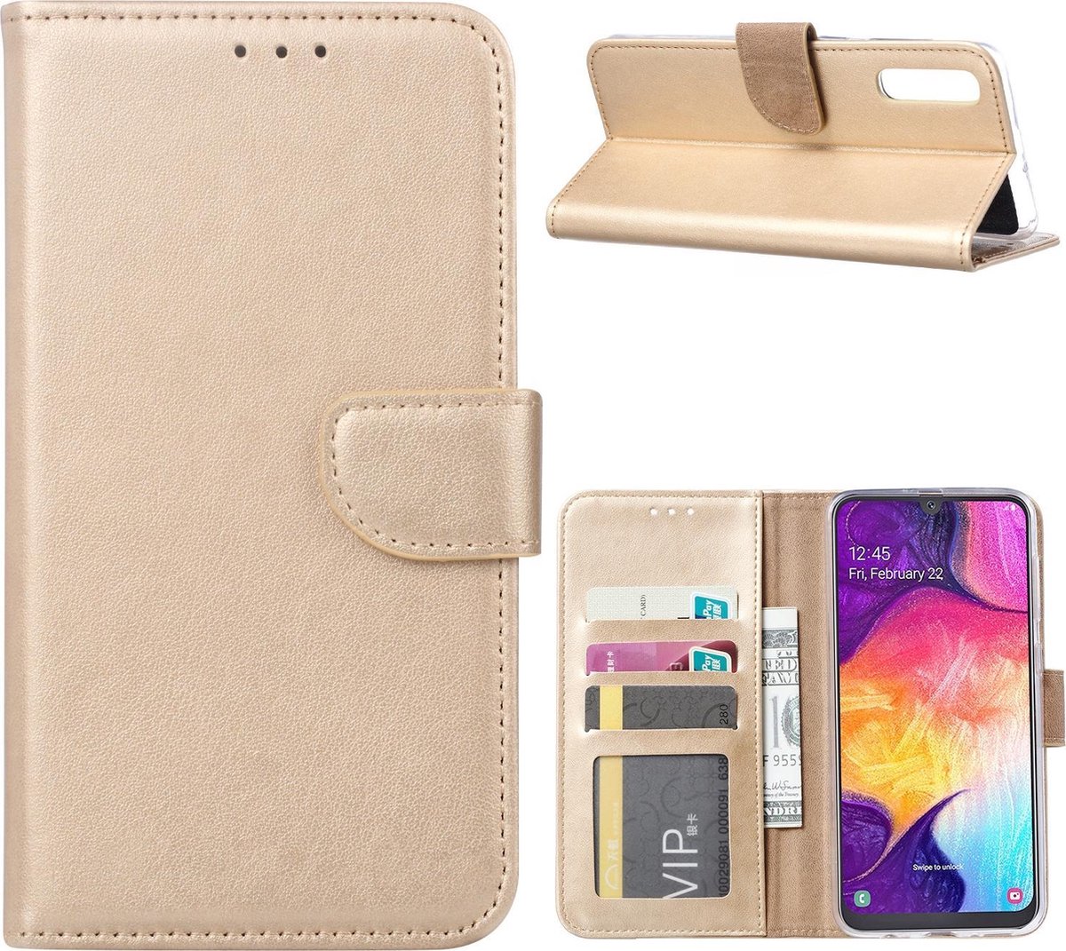 Ntech Portemonnee hoesje met Pasjesruimte Geschikt Voor Samsung Galaxy A70/A70s - Goud