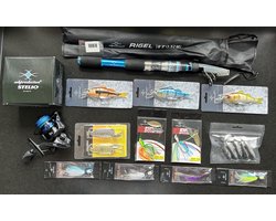 Aktiepakket hengelsport artikelen, Hengel met hoes, Molen met draad, Diverse kunstaas